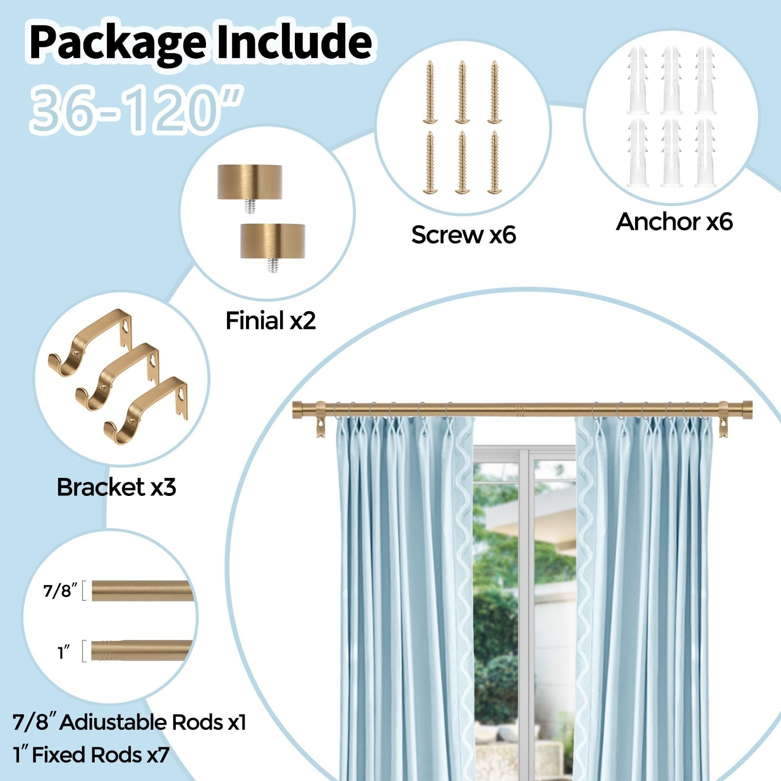 Gold Curtain Rods for Windows 66 to 120 Inch(5.5-10 Feet),1″ Diameter Drapery…