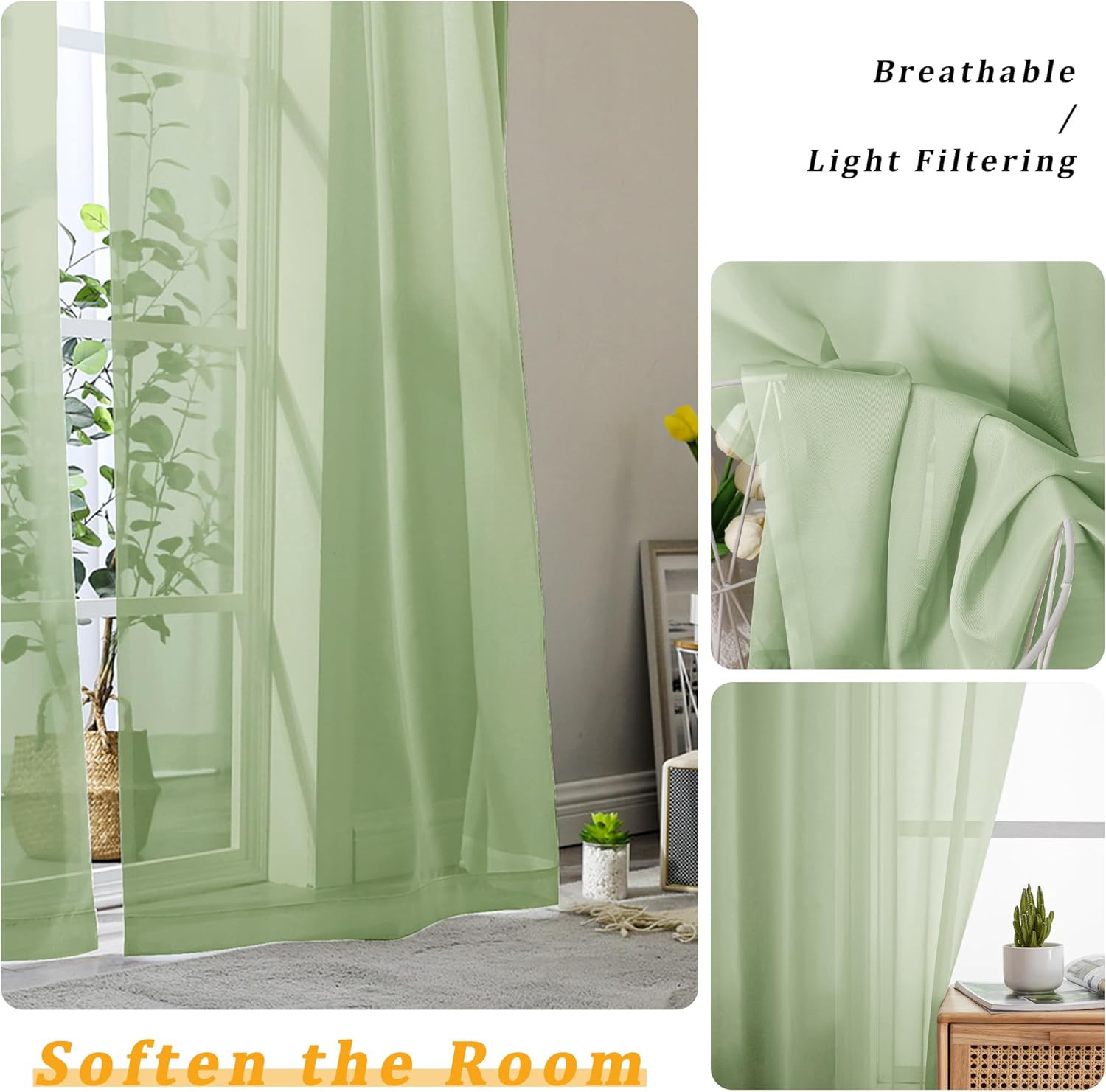Light Green Sheer Curtains 84 Inches Long 2 Panels Set for Living Room, Rod Pock