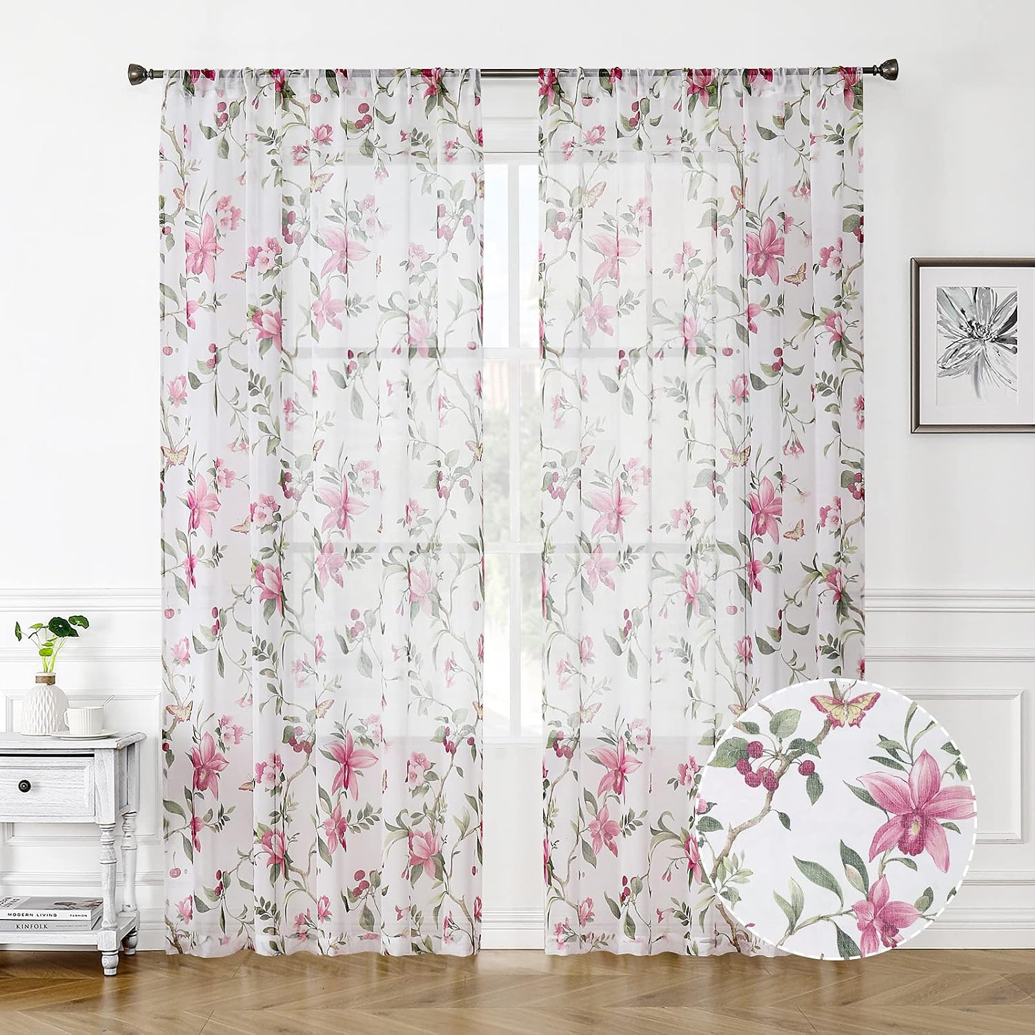 Floral Sheer Curtain Pink Cherry Flower Butterfly Print Living Room Curtains Rod