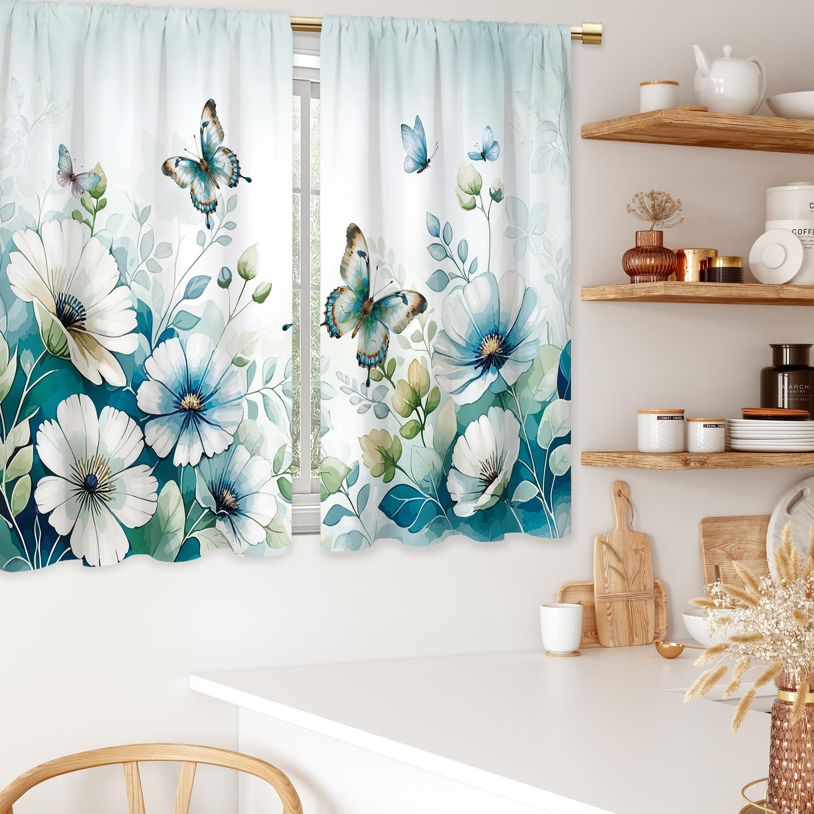 Teal Green Flower Butterfly Kitchen Curtains Floral Plant Leaves Bathroom Cur…