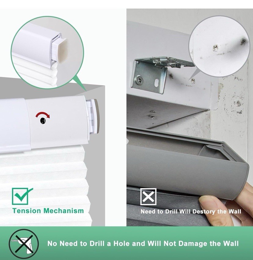 No Drill Cellular Shades for Indoor Windows, Thermal Insulating & Noise Reducing