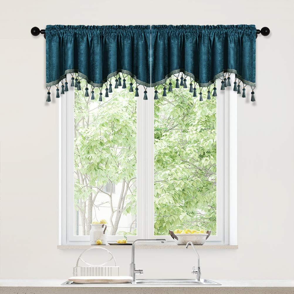 Double-Sided Chenille Window Curtains Tier for Kitchen Peacock Blue Scalloped Va