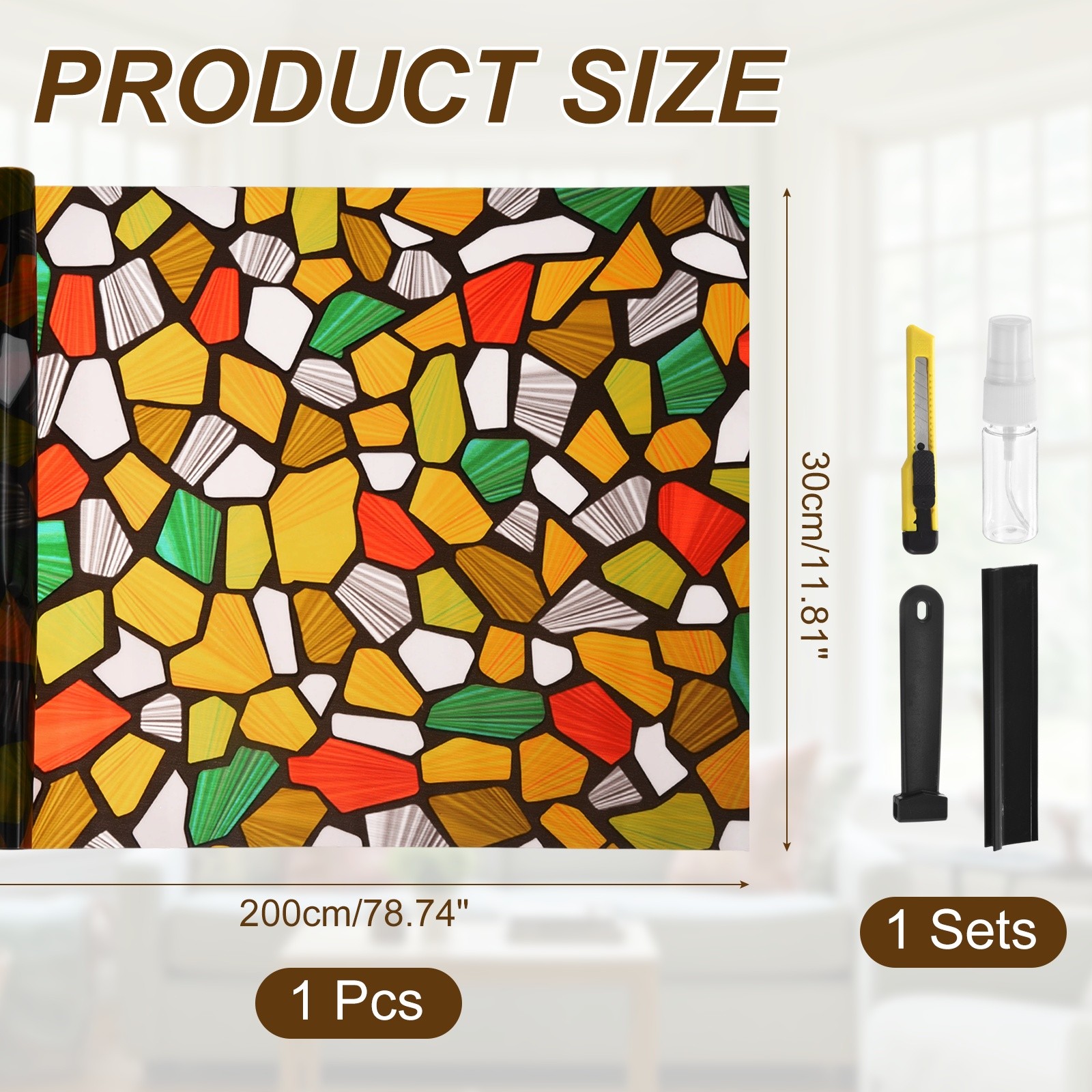 Colored Stone Pattern Stained Glass Window Privacy Film 78.7″x11.8″ Static Cling