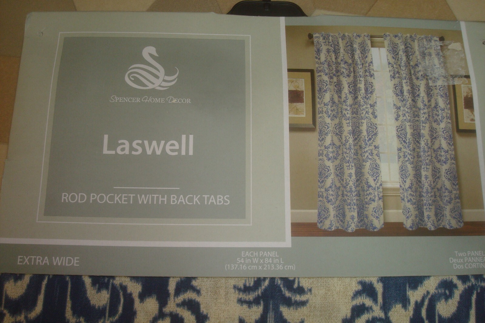 NWT 2 pc Laswell Window Panels Curtains Damask 100% Cotton Indigo Blue 84″ lg