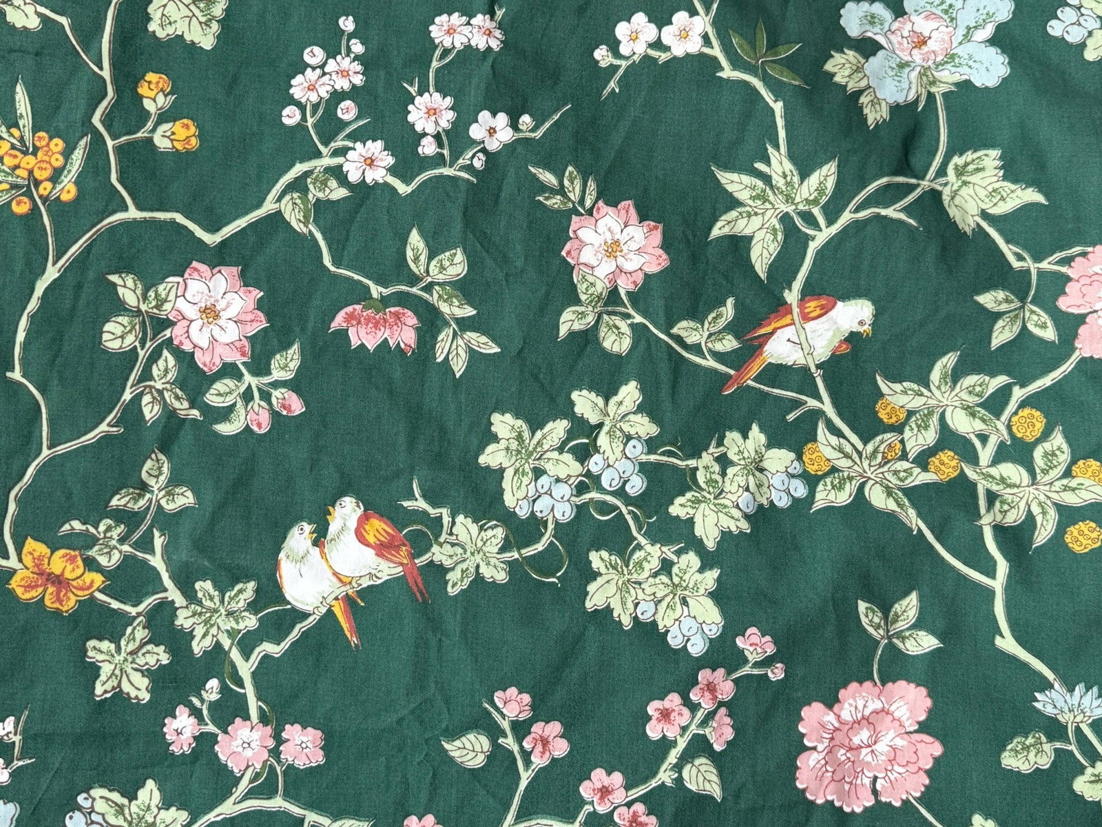 RARE! Vintage *GREEN Floral Flower BIRDS LINED CURTAIN PANEL 81x 63