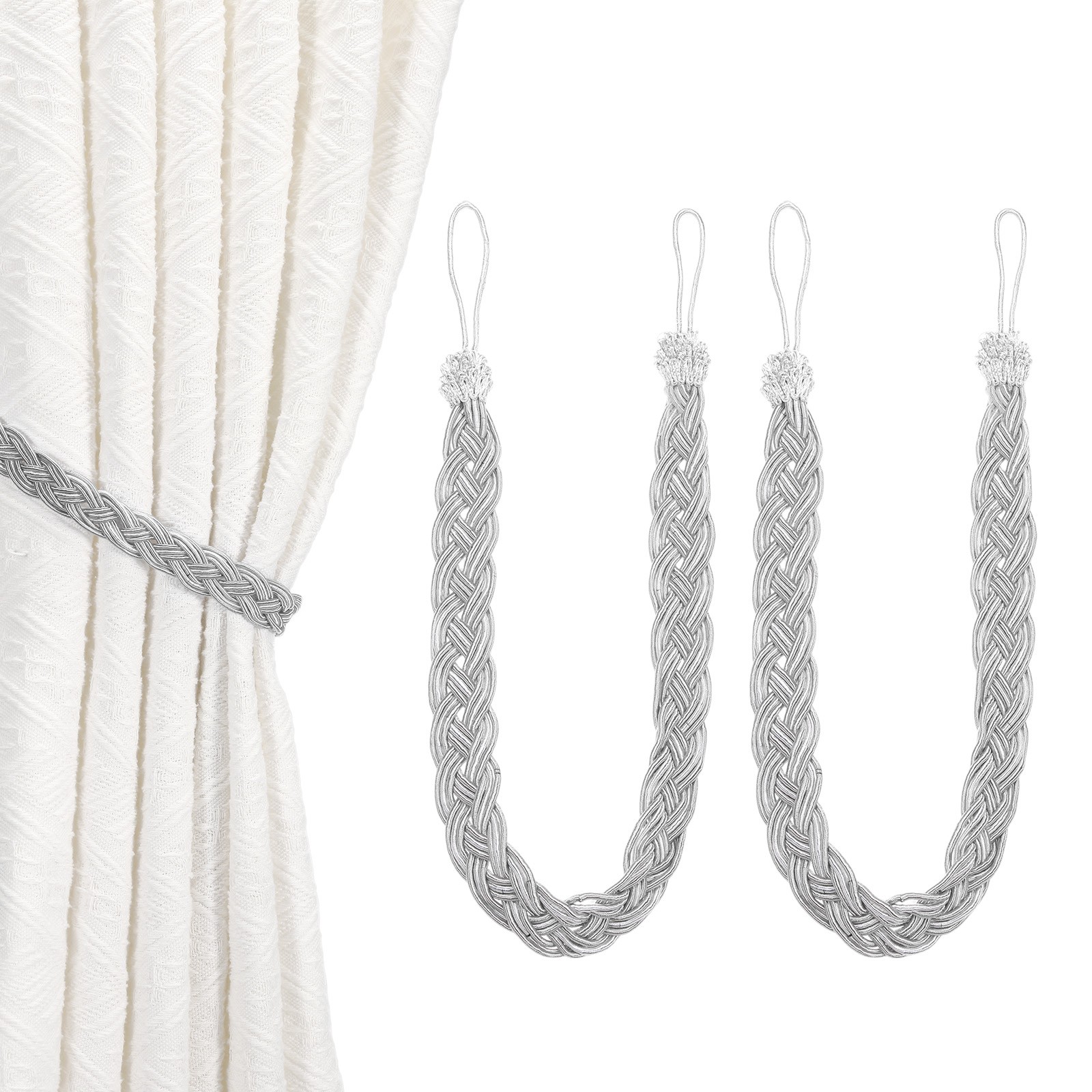 2Pcs Curtain Tiebacks 58cm/23″ Braided Drapery Holdback Light Silver