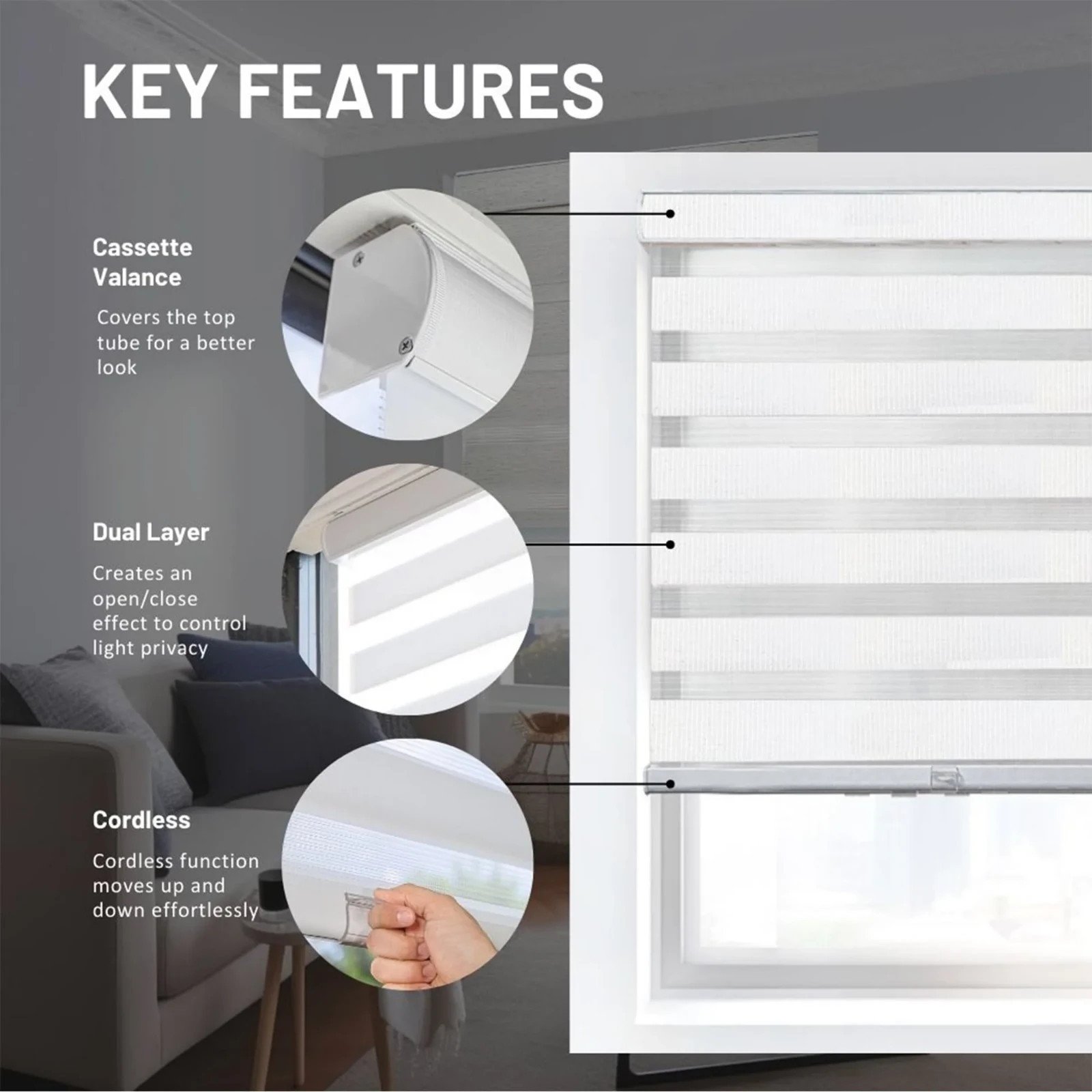Basic Arctic Cordless Dual Layer Zebra Roller Window Shade – 35″ W x 72″ L