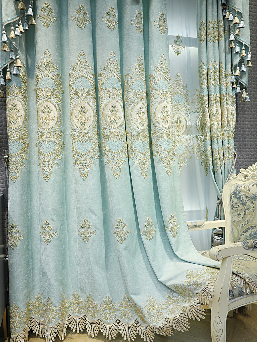 Custom high-end embroidered blue cloth blackout curtain valance drape C1143