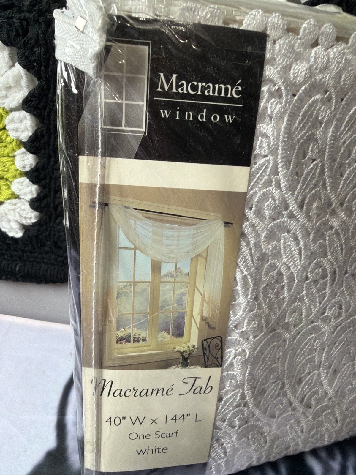 Vintage Macrame Tab Window Scarf White Lace Curtain Drape 40×144