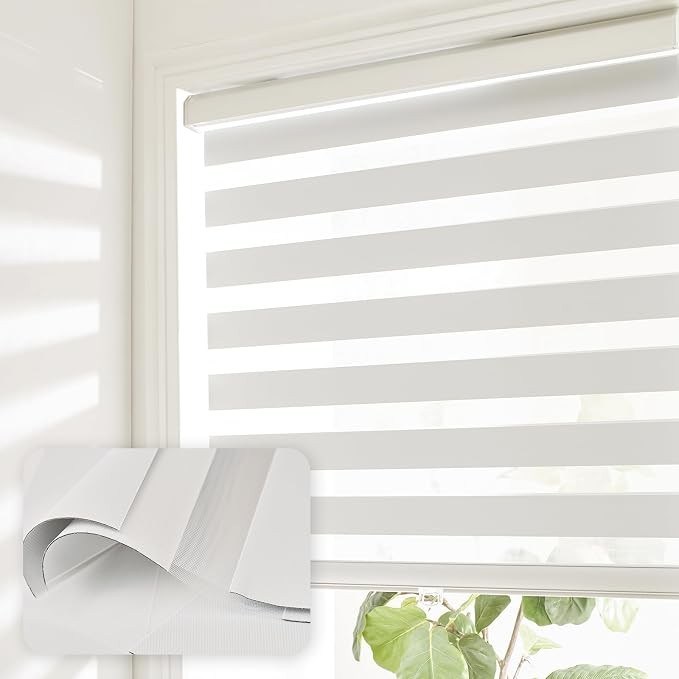 Cordless Zebra Blinds 40″W x 72″H White Dual Layer Free-Stop Blackout