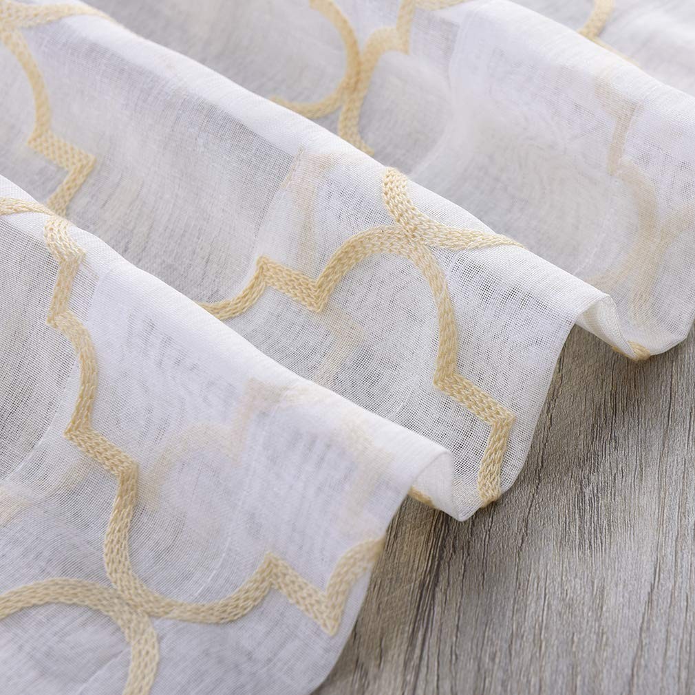 Embroidered Moroccan Tile Lattice Design Gold Sheer Curtains 84 Inch Long, Ro…