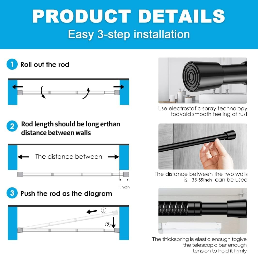 1 Pack Spring Tension Rods 33-59 Inches, 5/8 Inch Diameter Black No Drill Spring