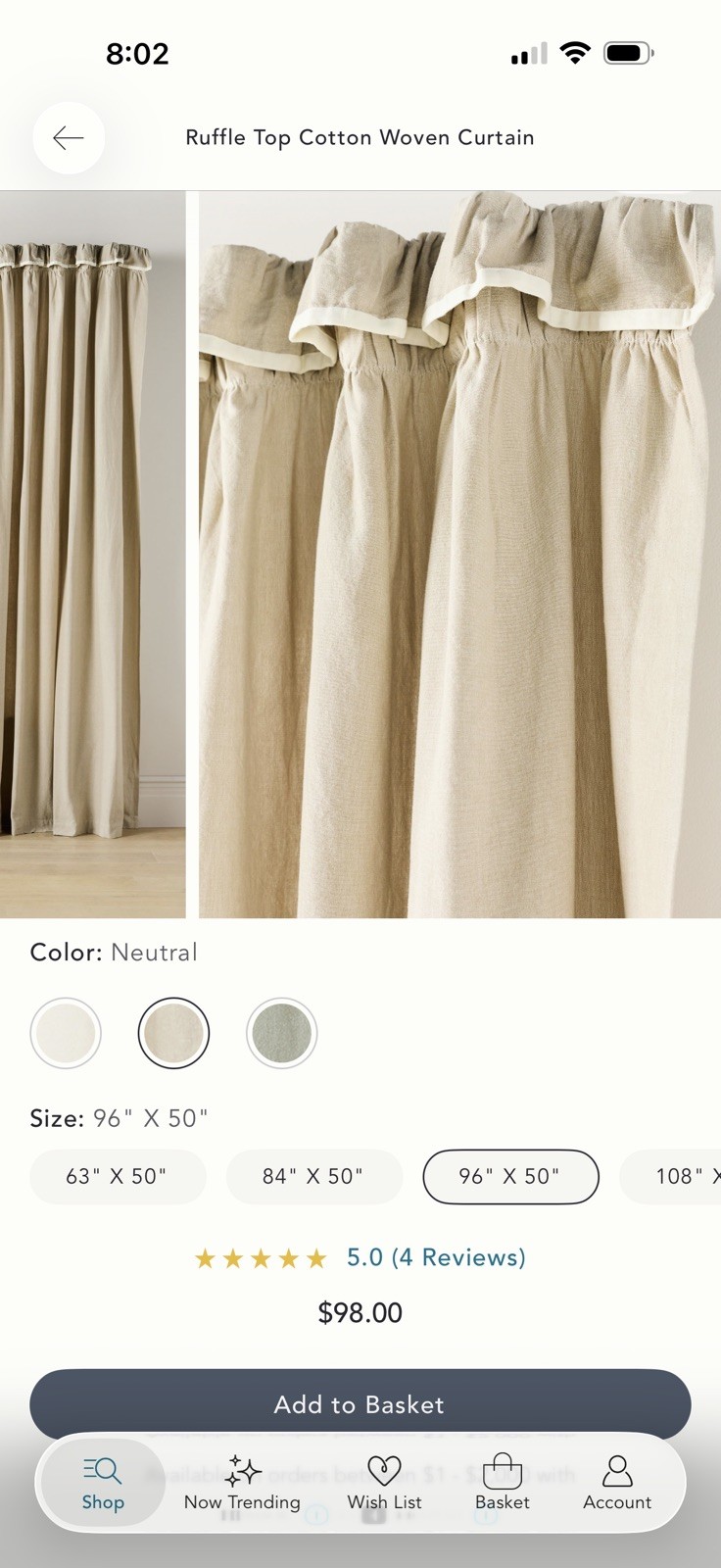 Anthropologie Ruffle Top Curtain Panel Beige Neutral Cotton 96” x 50” Unlined