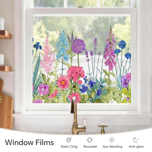 Window Privacy Film,Colorful Florals Decorative Static Botanical Meadow