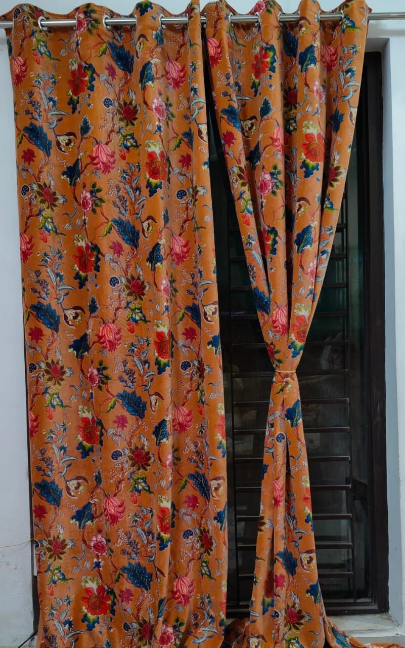 Cotton Velvet Rust Color Floral Print Luxury Curtain Drapes Housewarming Gifts