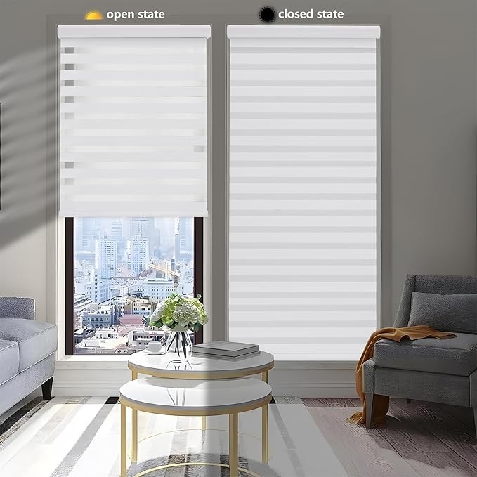 FEBORY Cordless Zebra Roller Shades 23″W x 72″H White
