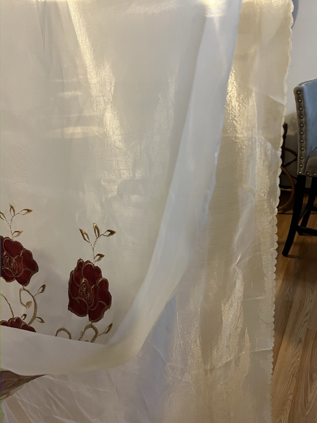Vintage Sheer Curtain Panel with Embroidered flowers. 82 in x 59 in