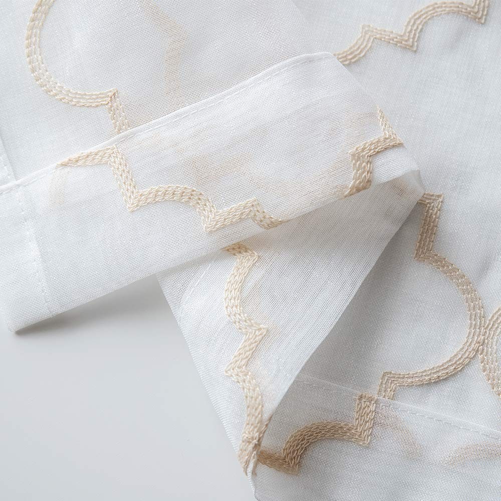 Embroidered Moroccan Tile Lattice Design Gold Sheer Curtains 84 Inch Long, Ro…
