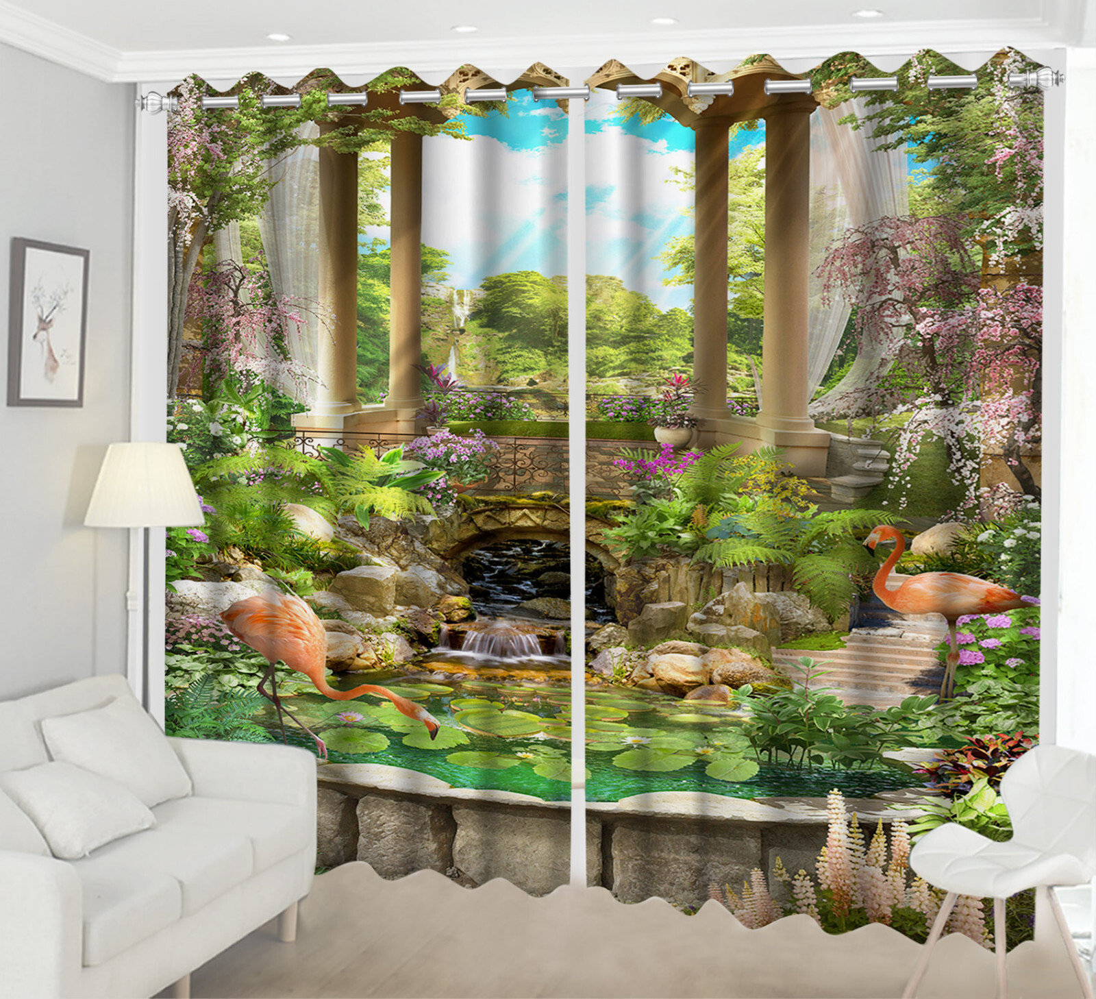 Green Leaf Pink Flamingo 3D 2 Panels Window Curtains Blockout Drapes Fabric