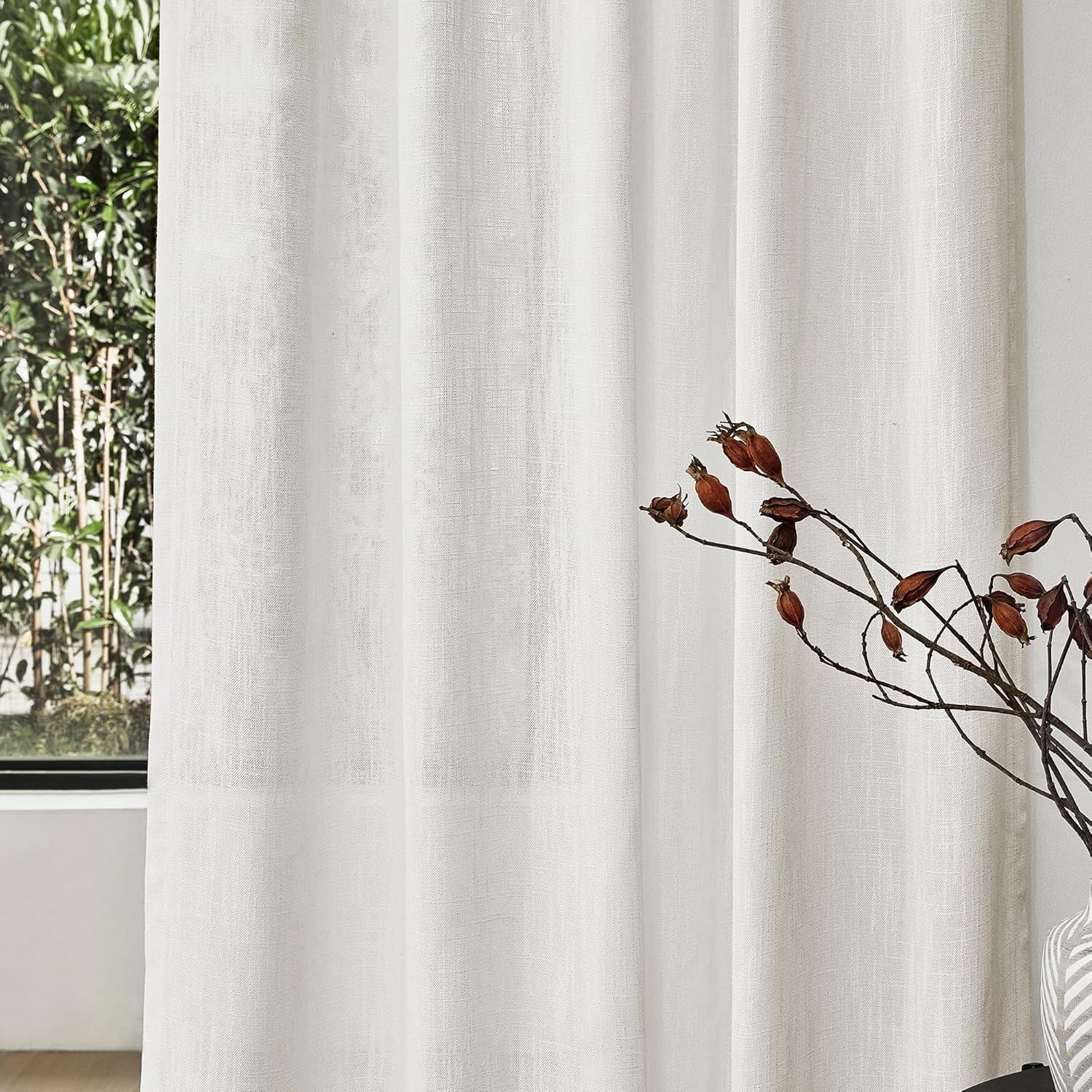 White curtains, semi-transparent soft cotton, with a buckle design at the back.