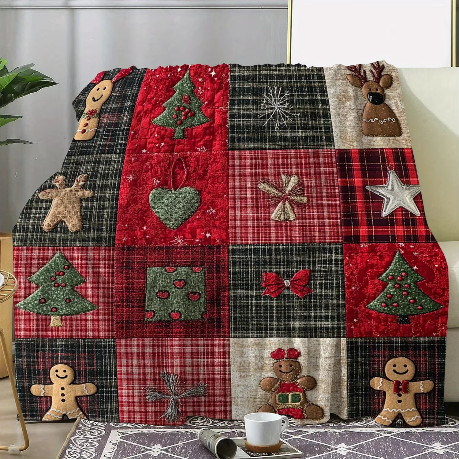 H Christmas Blanket Plaid Flannel Warm Soft Sofa Bed Throw Decoration Stars