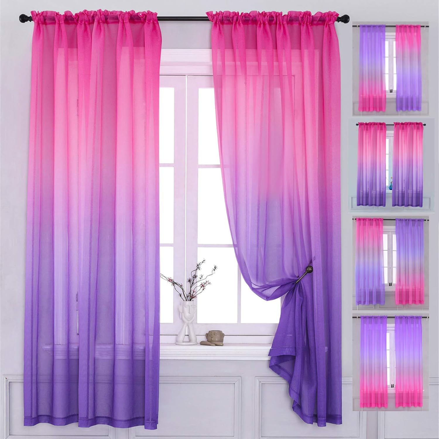 2 Panel Sets Bedroom Curtains 63 inch Length Sheer Curtain Pink Purple Ombre Cur