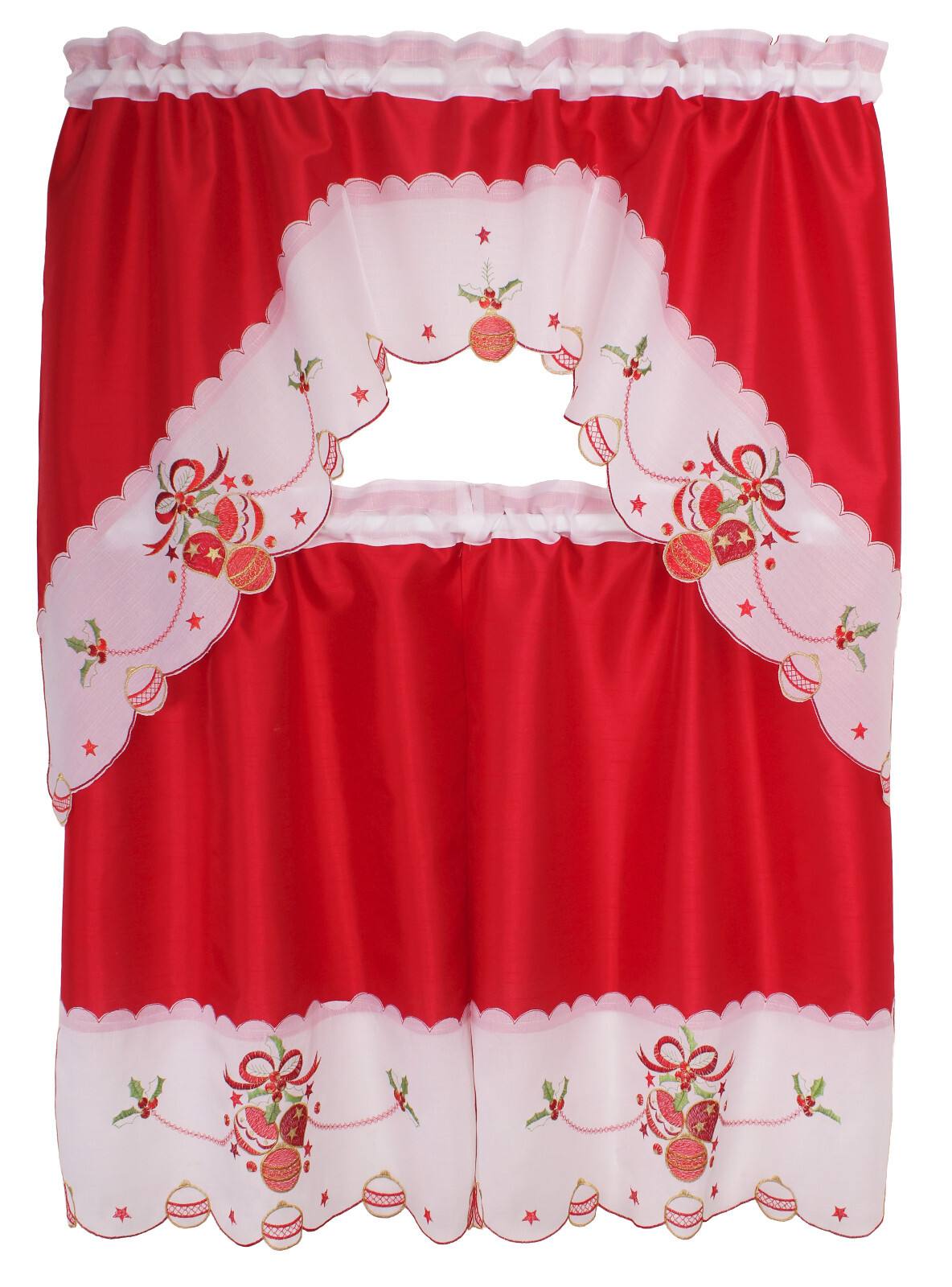 3-Piece Decorative Christmas Design Embroidered Kitchen Curtain Red Jingle Bell