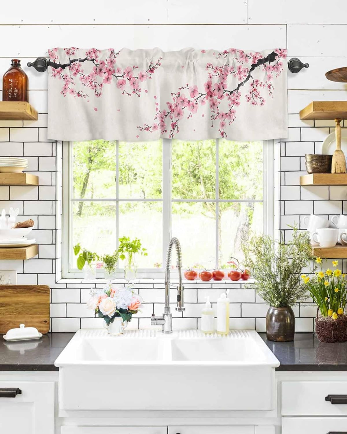 Cherry Blossom Curtain Valance for Windows/Living Room/Kitchen/Bathroom/Farmhous