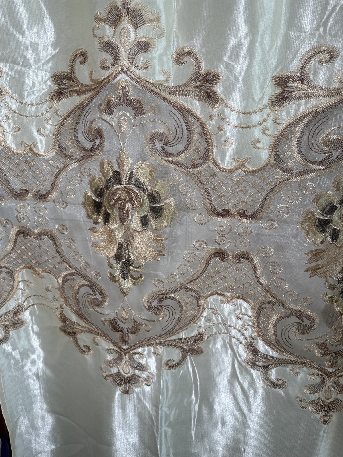 Drapes 2 Panels Beige w/ Attached Valance, Shimmer Satin, Sheer Lace 54 X 87”