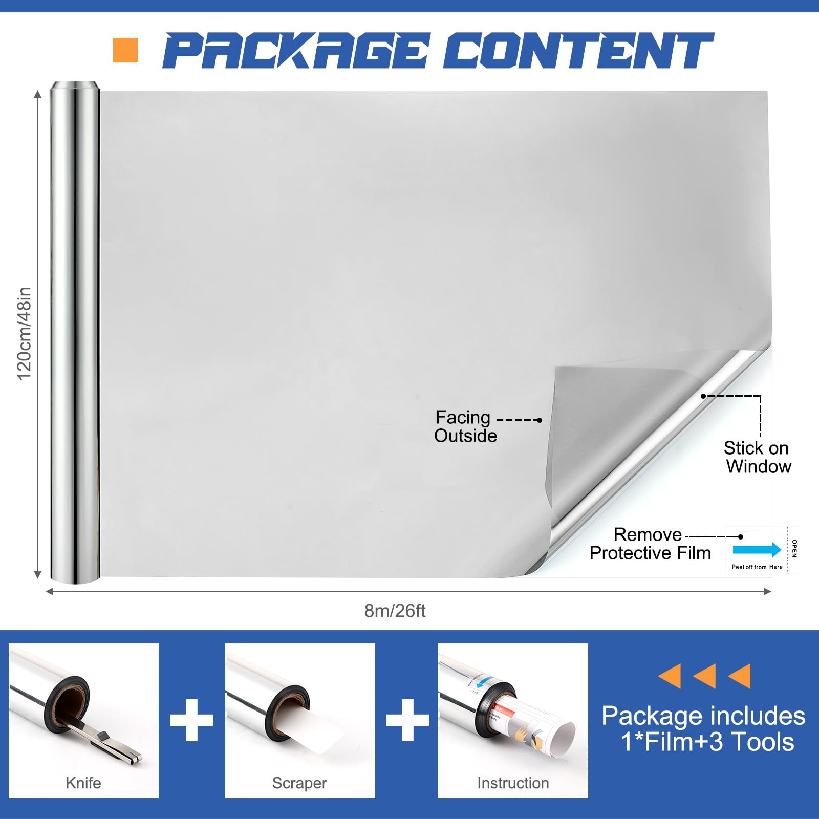 48 Inch X 26 Ft One Way Window Tint Privacy Reflective Daytime Mirror Film Su