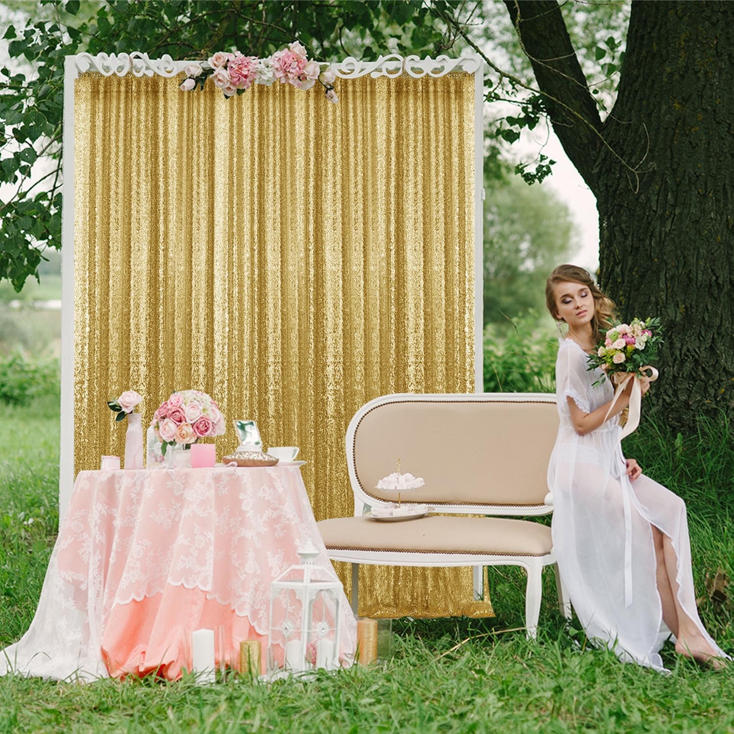 2×8FT-2PCS Gold Sequin Backdrop Curtains Panels Photography Backdrop Glitter …