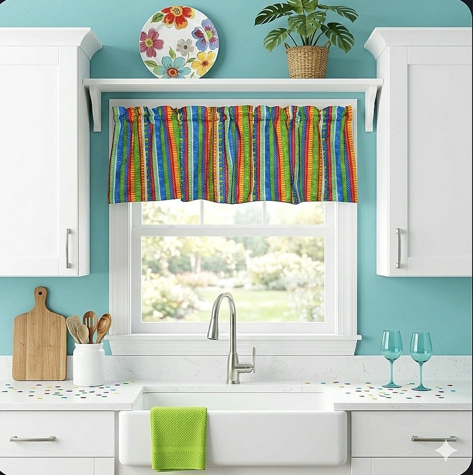 Fiesta Party Stripe Curtain Valance Red Orange Green Blue Yellow Dots 42 x 14