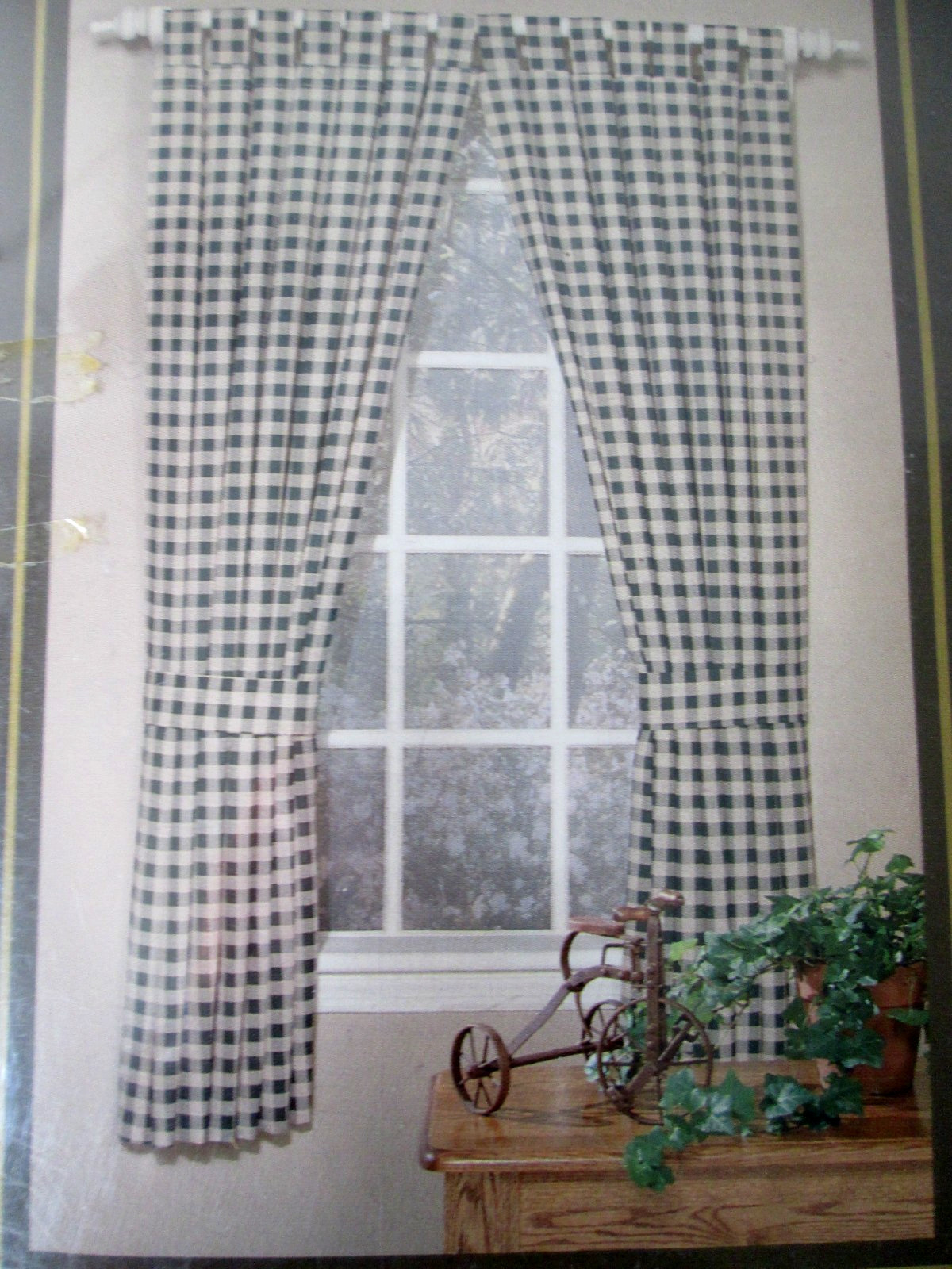 The Curtron Collection StockBridge Check Hunter Tab Tie Back Curtains 80×84 Vtg