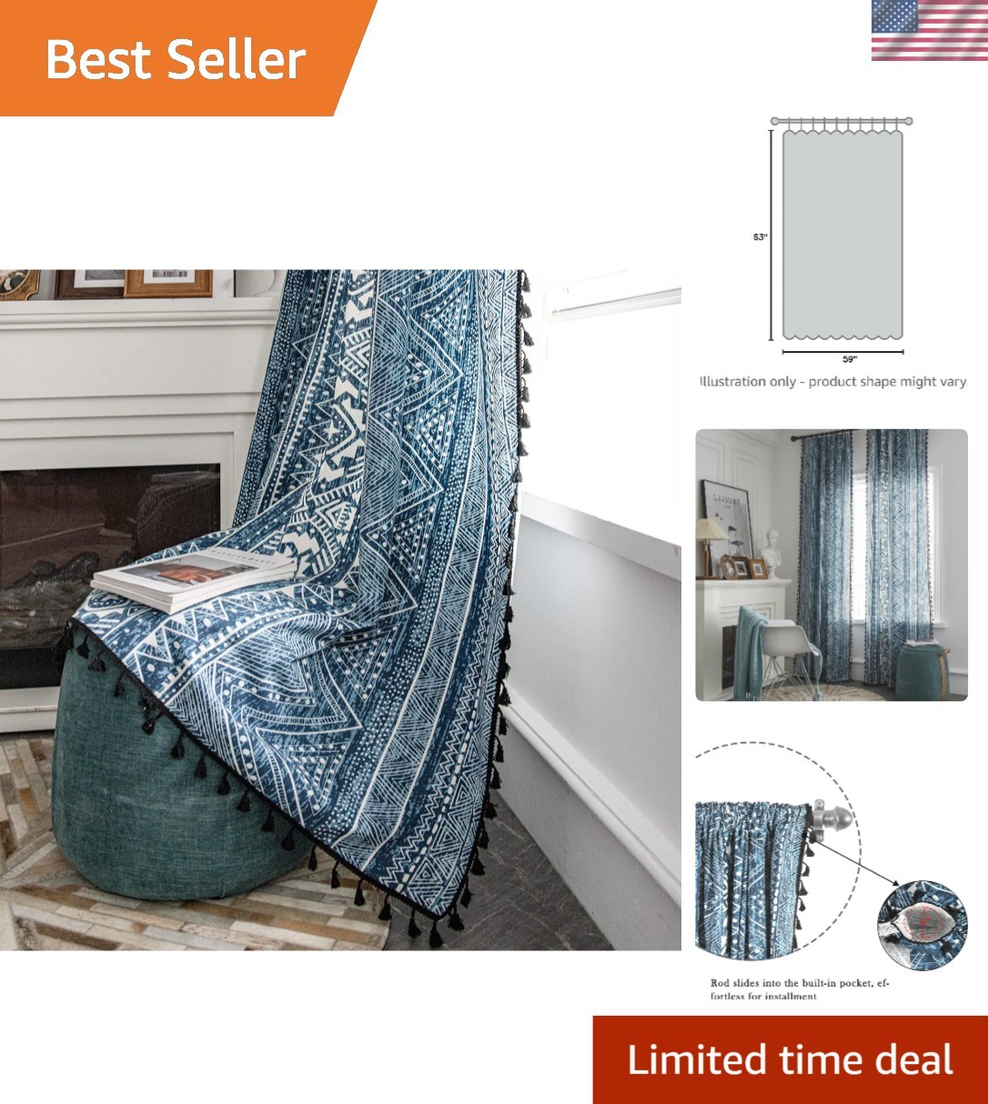 Farmhouse Chic Blue Bohemian Curtains 63 Inch – Stylish Aztec Patterned Drapes