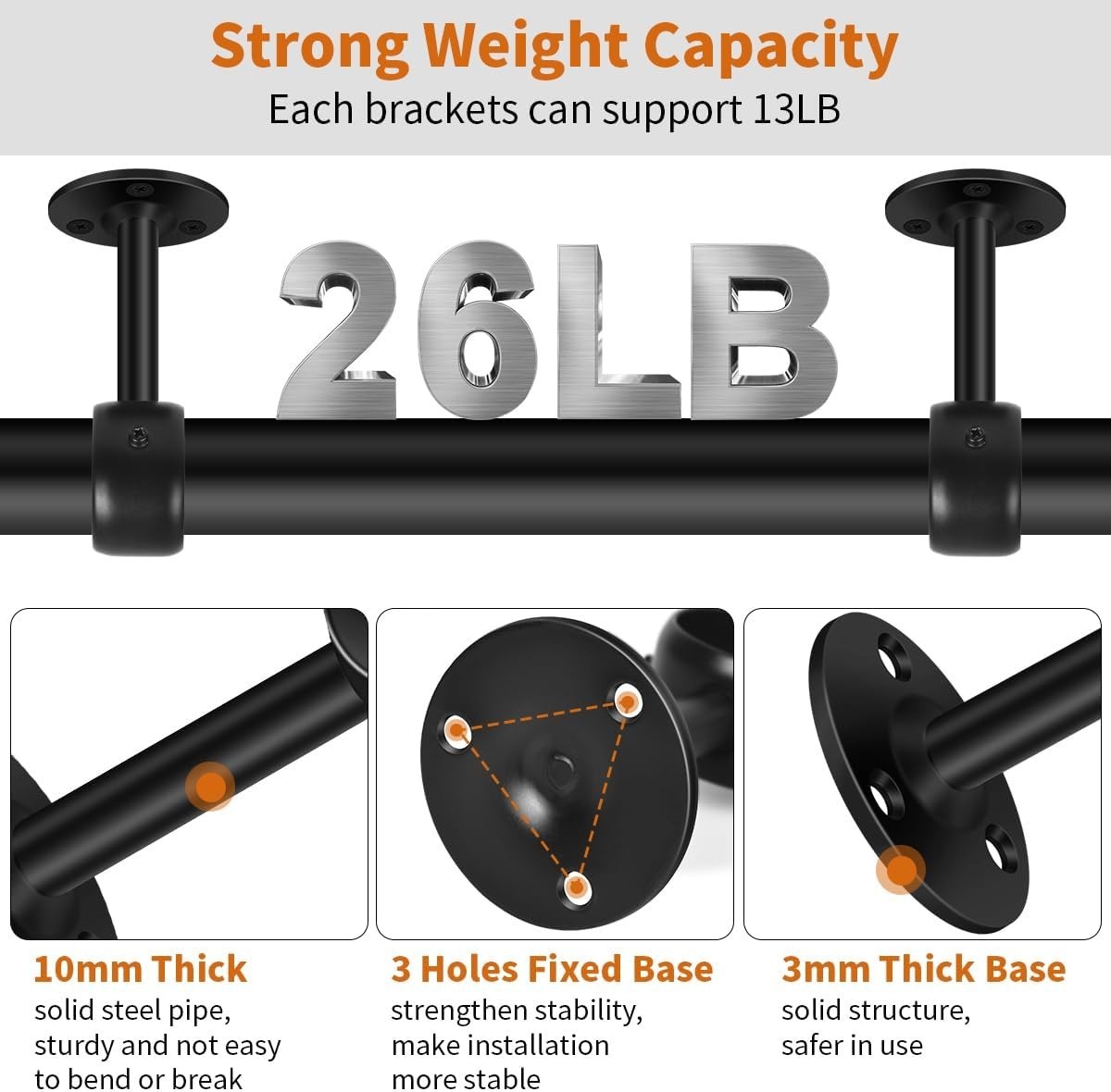 Ceiling Curtain Rod Brackets, Heavy Duty Curtain Rod 1-1/4” – 4 Pack Black