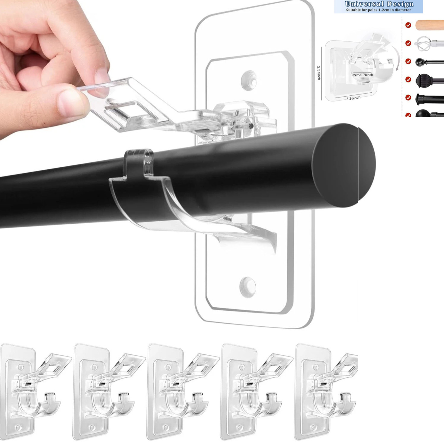 8PCS Nail Free Adjustable Curtain Rod Clip Brackets Self Adhesive Holder Hooks