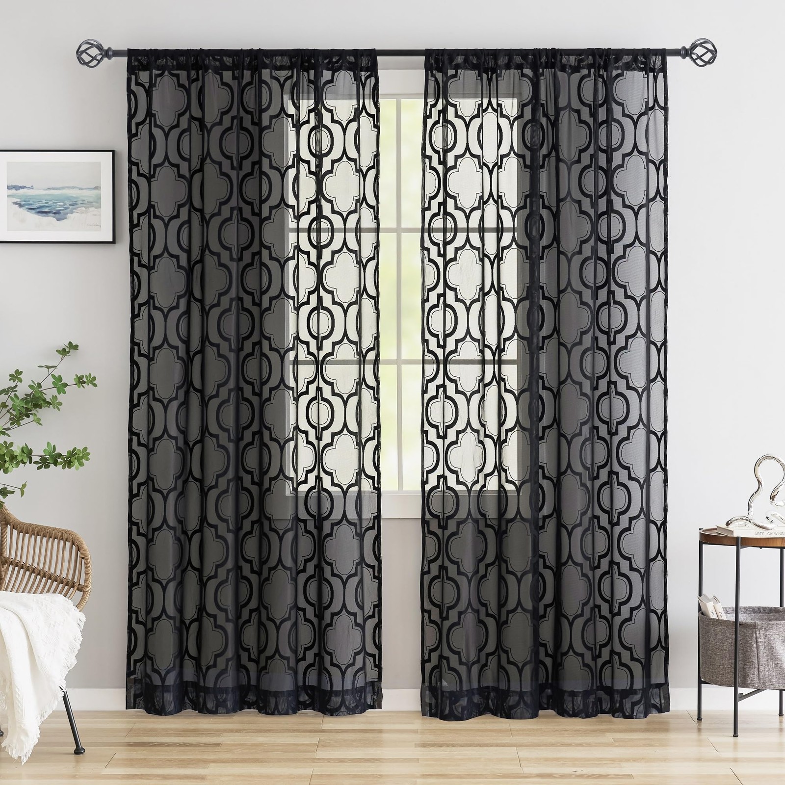 Geo Modern Lace Sheer Black Window Curtains 95 inch Long Moroccan Trellis Lig…