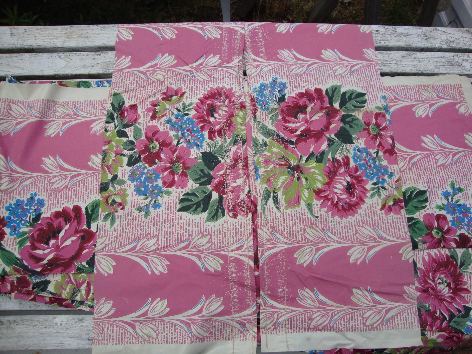 Vintage Mid Century Modern Floral 1940s Curtains 2 Pairs 2 Valances Pink Vinyl