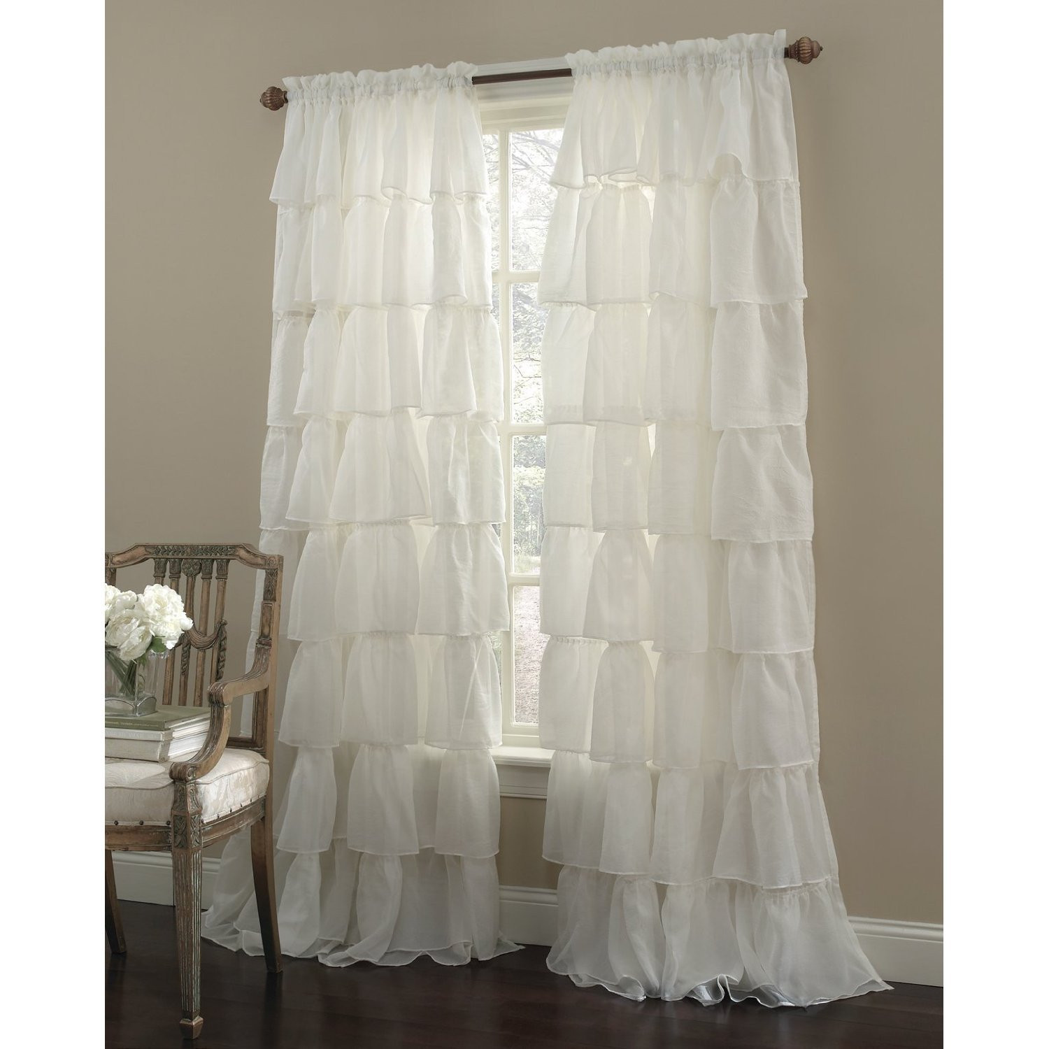 Two (2) Gypsy Ruffled Sheer Curtain Panels, Cream, 60″ wide by 63″long