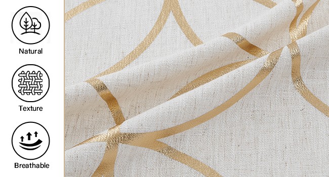 Gold Foil Print Linen Curtains Metallic Moroccan Cream Semi Sheer Curtains for