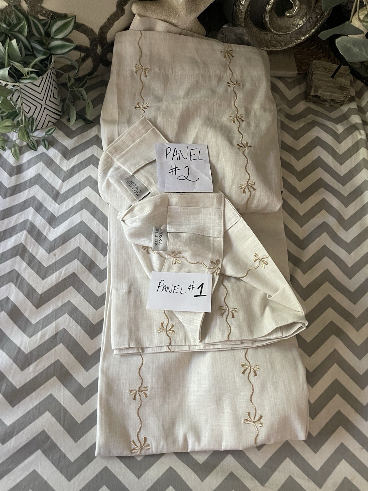 MOSS & WILLOW 100% Cotton Gold Embroidery Curtains Bows Ivory 50X96” NEW SET