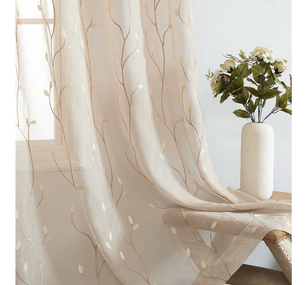 Jinchan Beige W/gold Leaves Transparent curtains window set of 2 panels