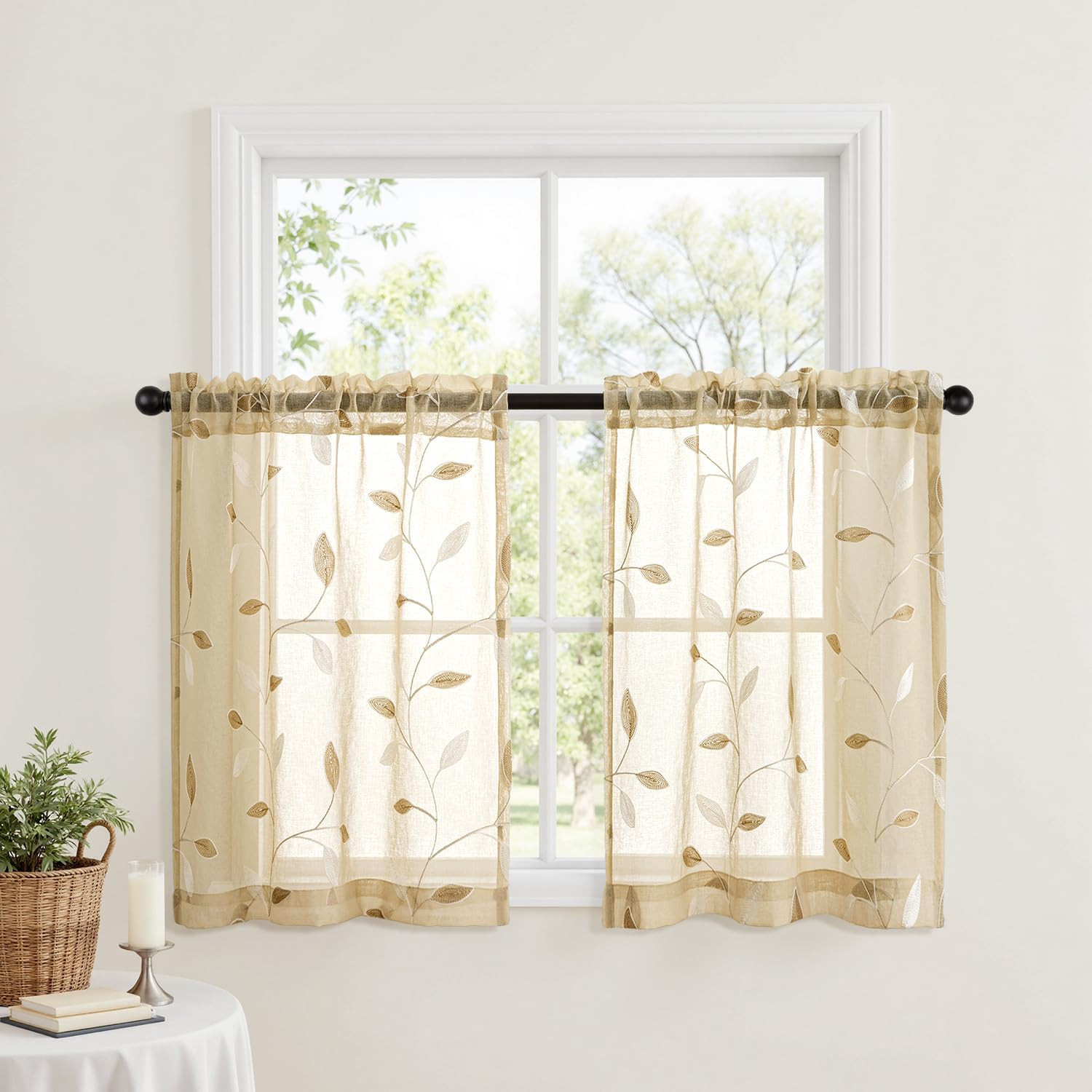 Beige Sheer Kitchen Curtains 30×36 Inch 2 Panels Embroidered Leaf Rod Pocket