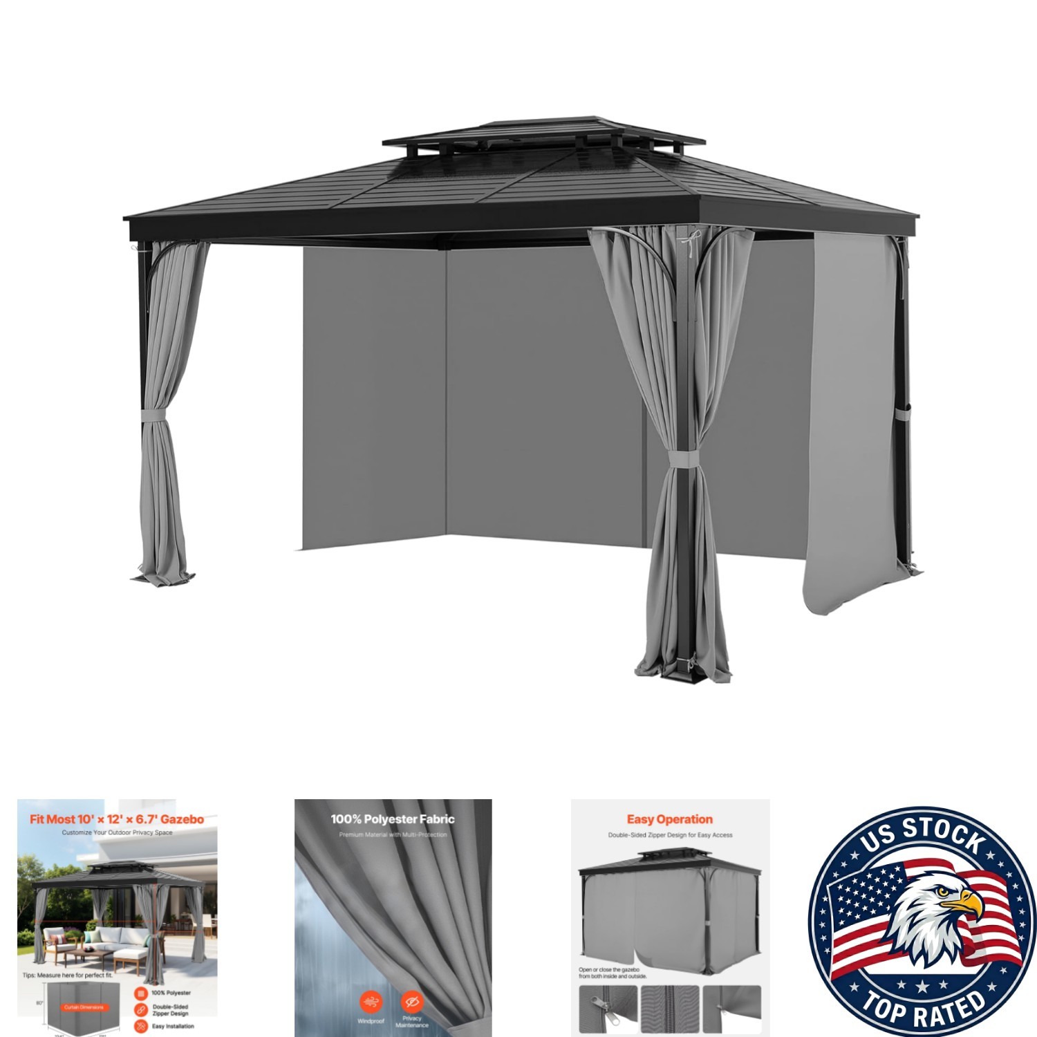 Universal 4-Panel Backyard Gazebo Curtains with Three-Section Ties – 12’ x 10’