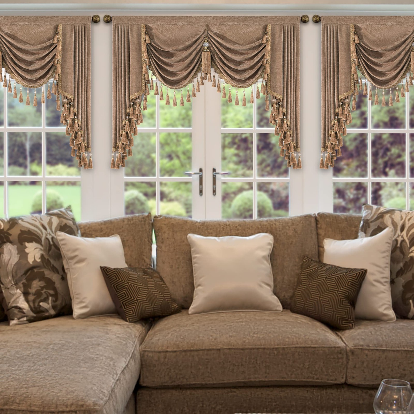 Thick Chenille Waterfall Valance for Living Room, Luxury Swag Valances with