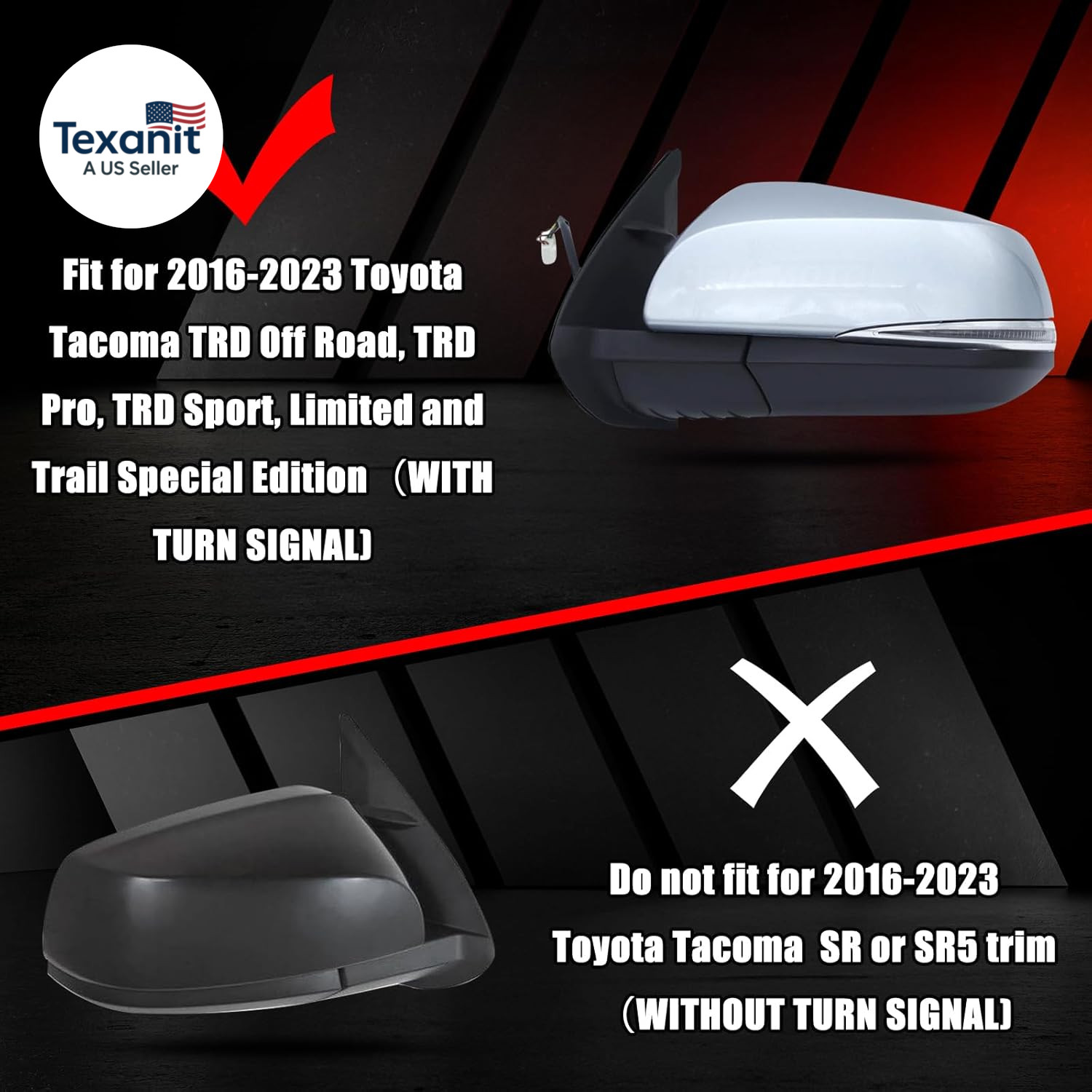 Gloss Black Replacement Mirror Cover Caps for 2016-2023 Toyota Tacoma with Turn