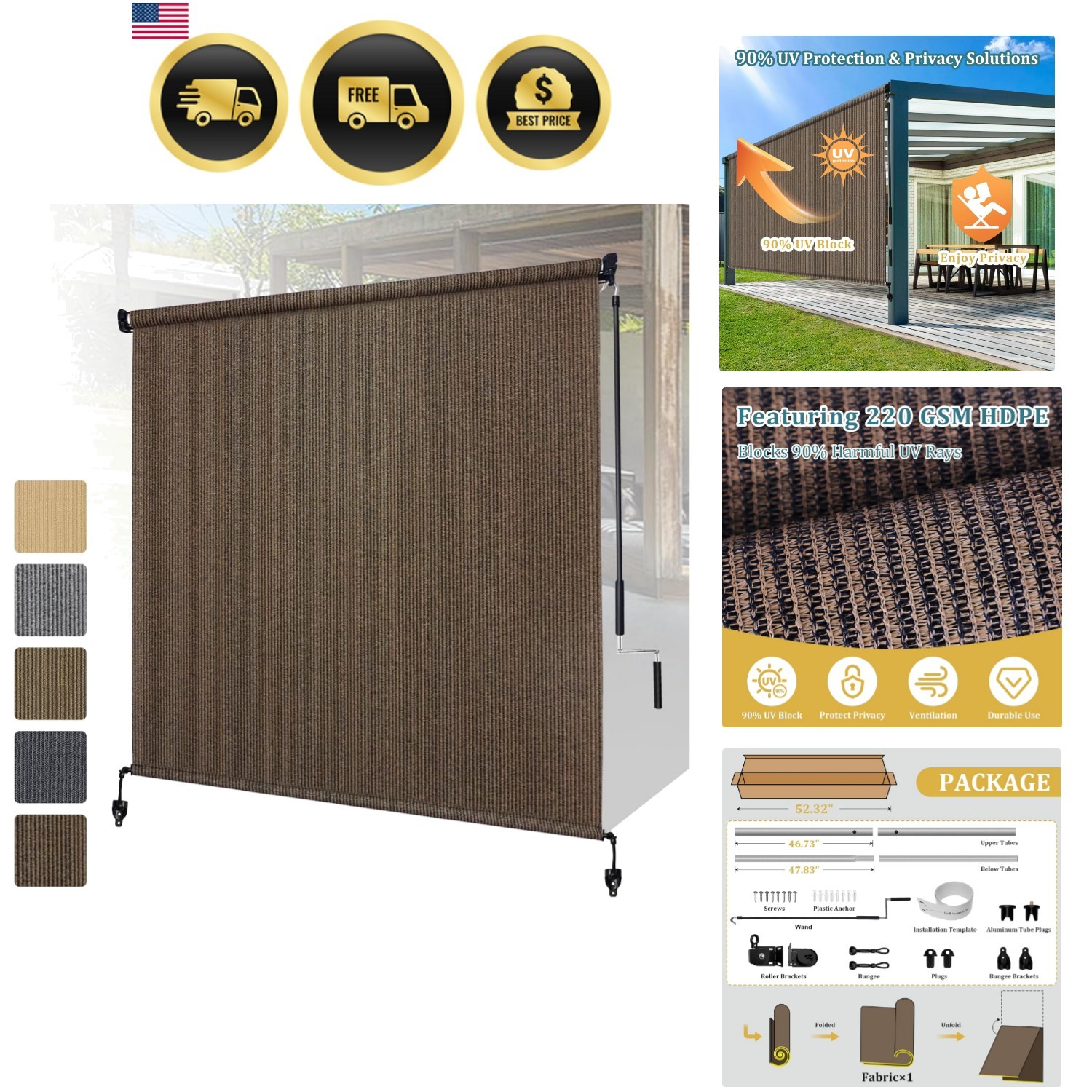 Outdoor Roller Shades with Splicing Design, 8′ W x 8′ H Cordless Patio Roll U…