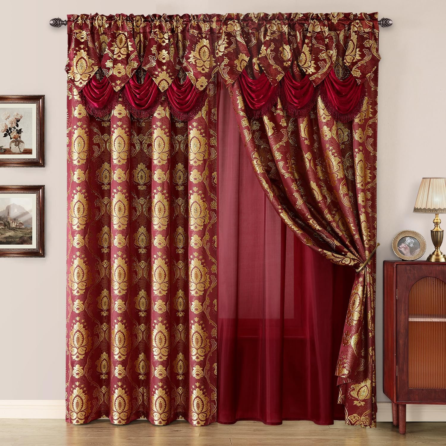 Burgundy Paisley Jacquard Curtains, Victorian Luxury Window Curtains 2 Panels Se