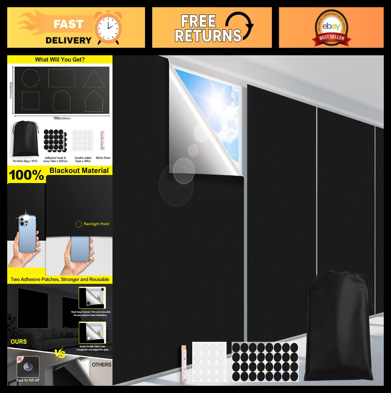 100% Blackout Curtains for Bedroom – Portable Cuttable Window Cover Film, No Dri