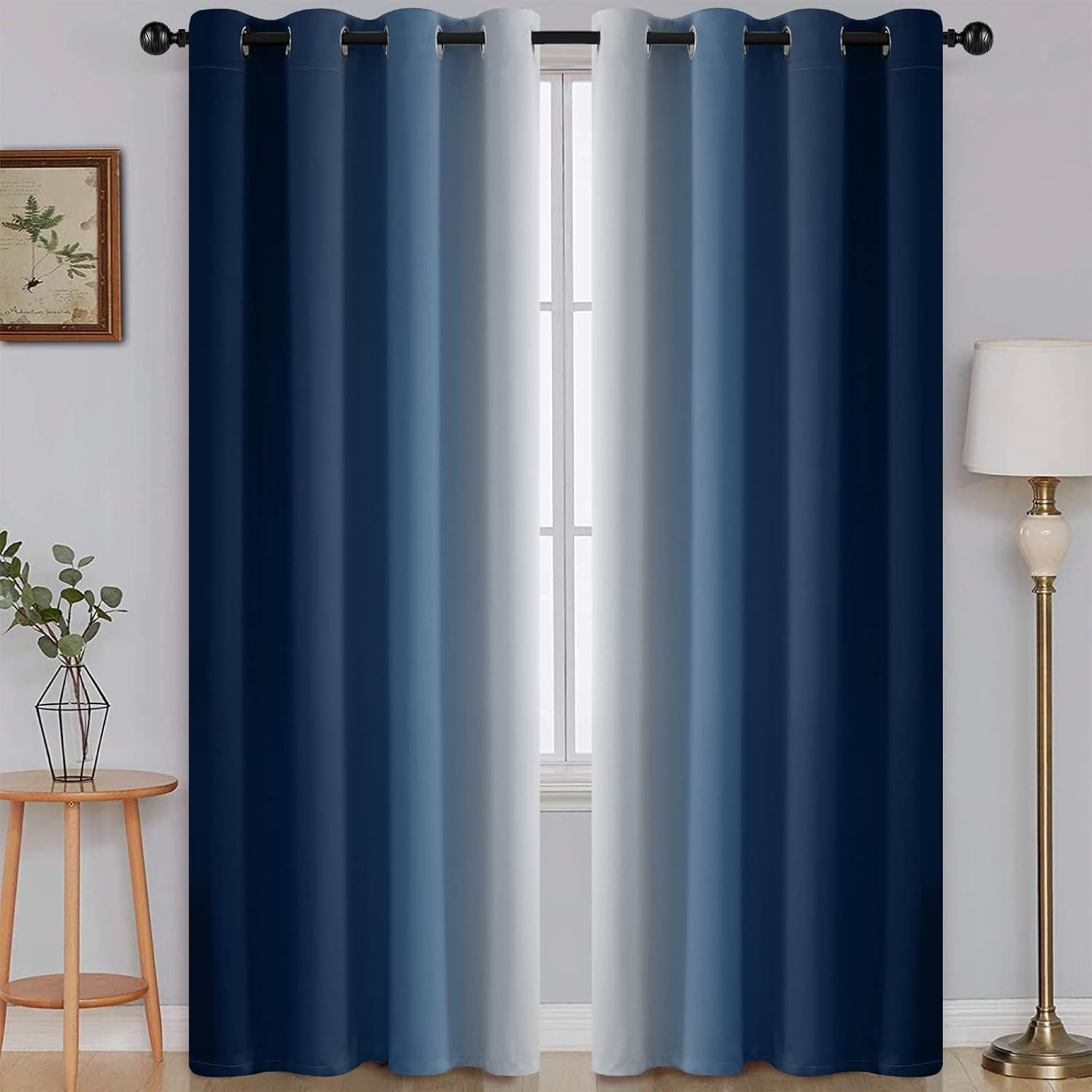 Ombre Blue to Grey White Curtains for Living Room 52Wx84L | Room Darkening Curta